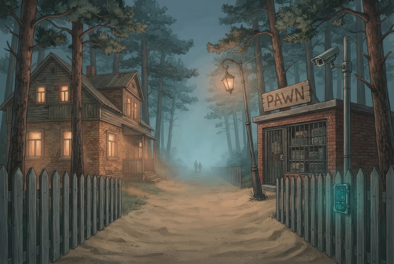 A sandy street through the pines at dusk: a lit wooden house on one side, Vic's pawnshop under a camera on the other.