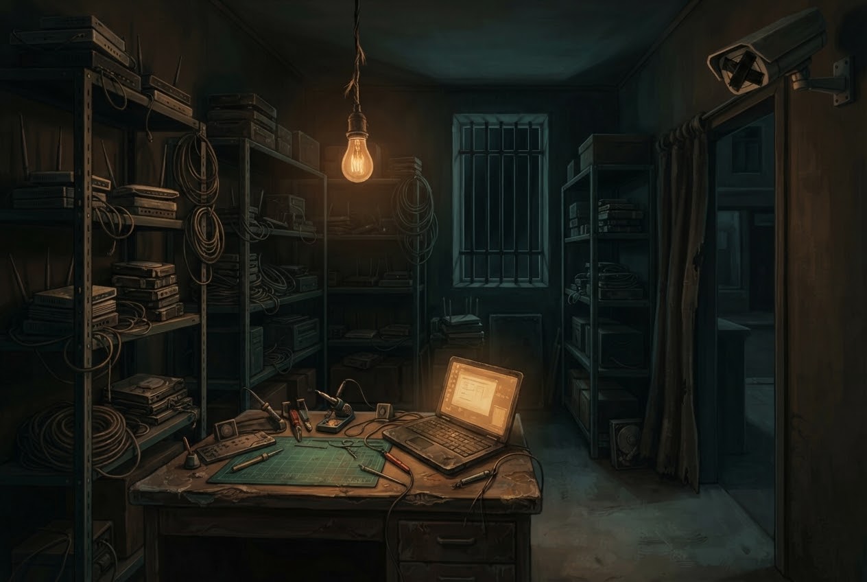 A back room of shelves stacked with dead routers and cables, one bulb over a workbench with a laptop.