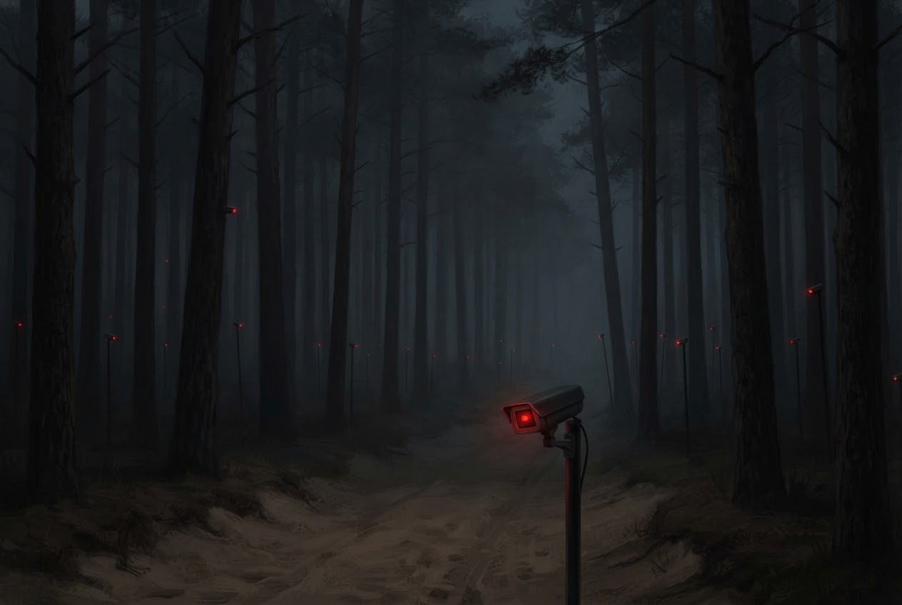 A camera on a post in a dark pine wood, its red light on, more red lights among the trees.