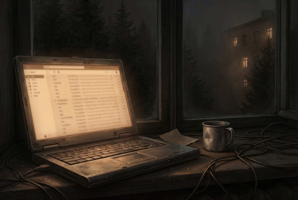 A laptop on a windowsill at night, a mail client open on its screen, the dorm lit beyond the pines.