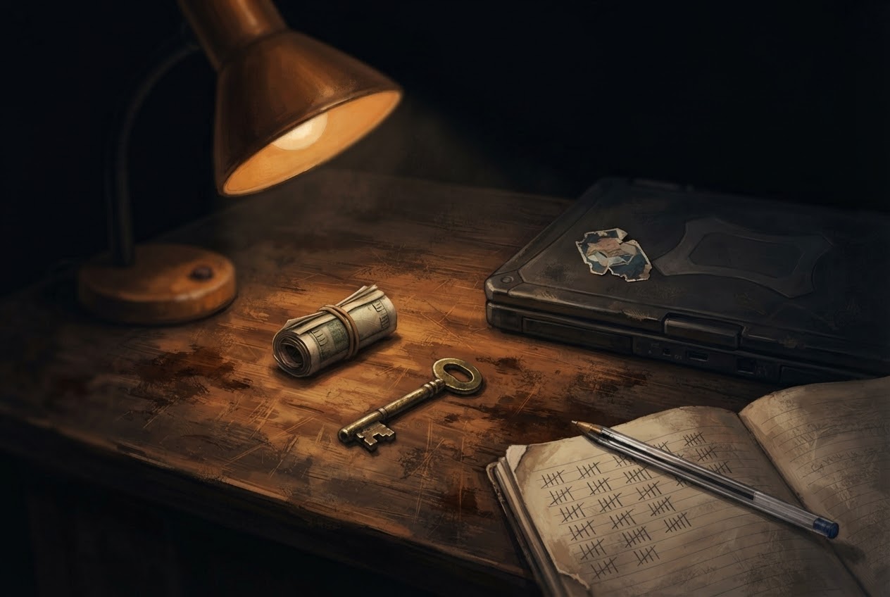 A desk under a lamp: a roll of cash, a key, a closed laptop and a notebook of tally marks.