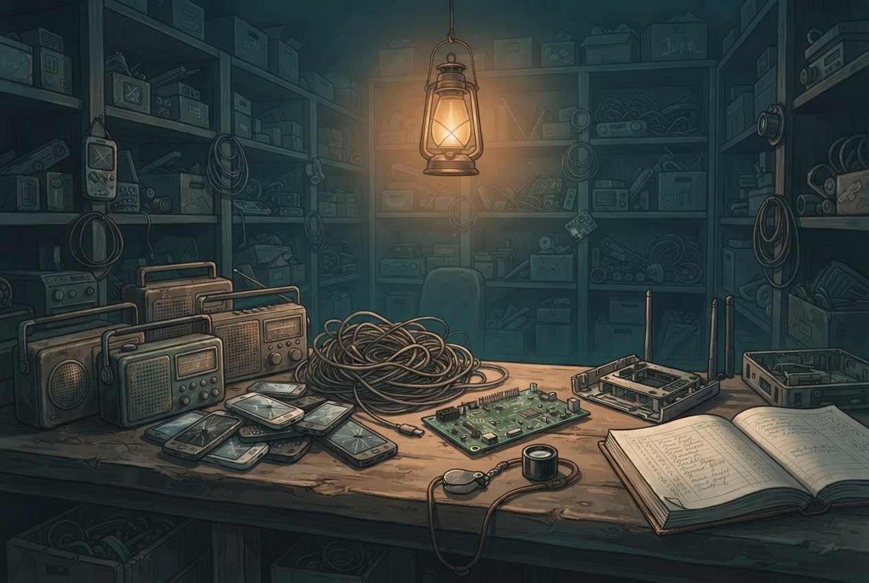Old radios, phones, cables and a bare board on a pawnshop counter under a lantern.