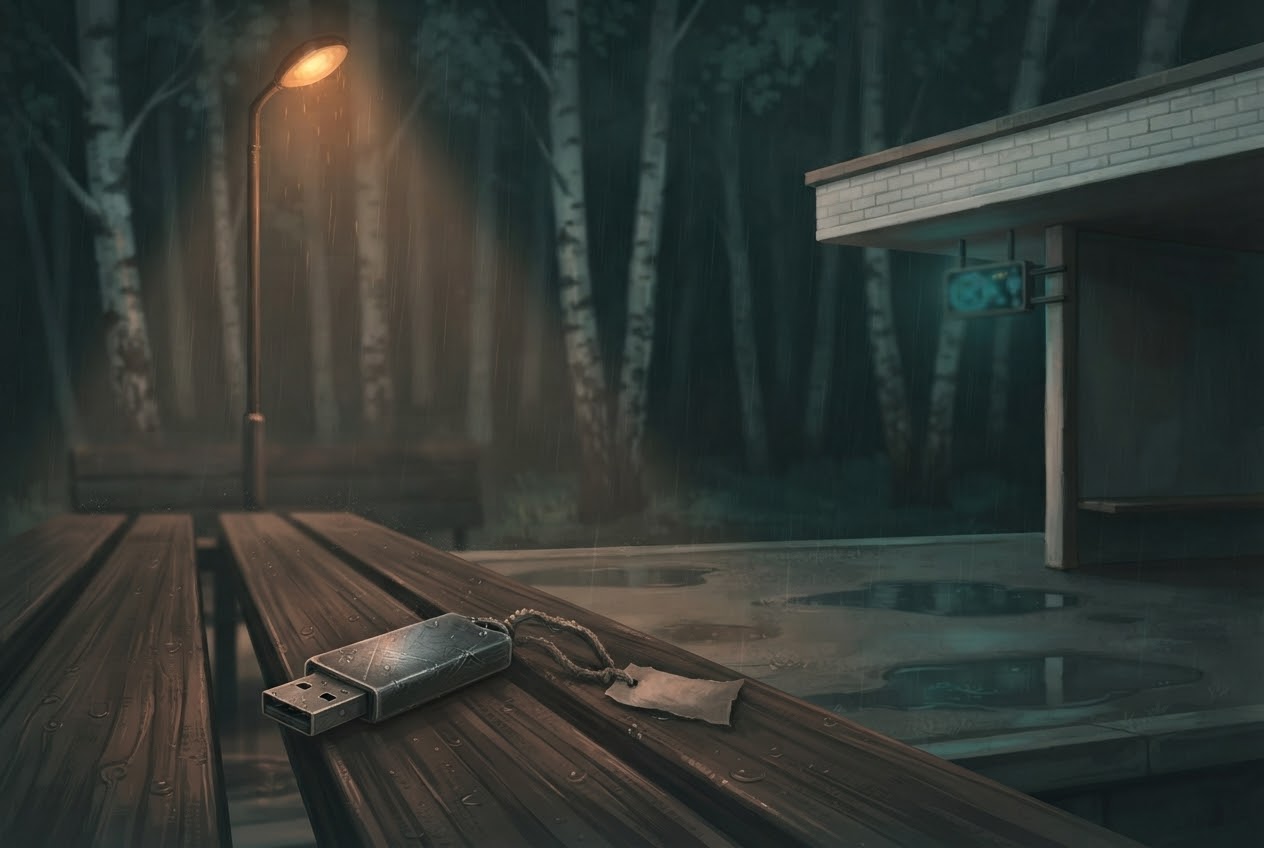 A lost USB drive with a paper tag on a wet station bench at night.